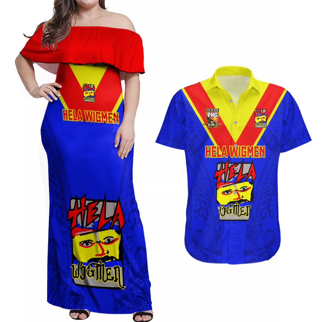 Custom Papua New Guinea Rugby Couples Matching Off Shoulder Maxi Dress and Hawaiian Shirt Hela Wigmen PNG Polynesian Pattern LT14 Blue - Polynesian Pride