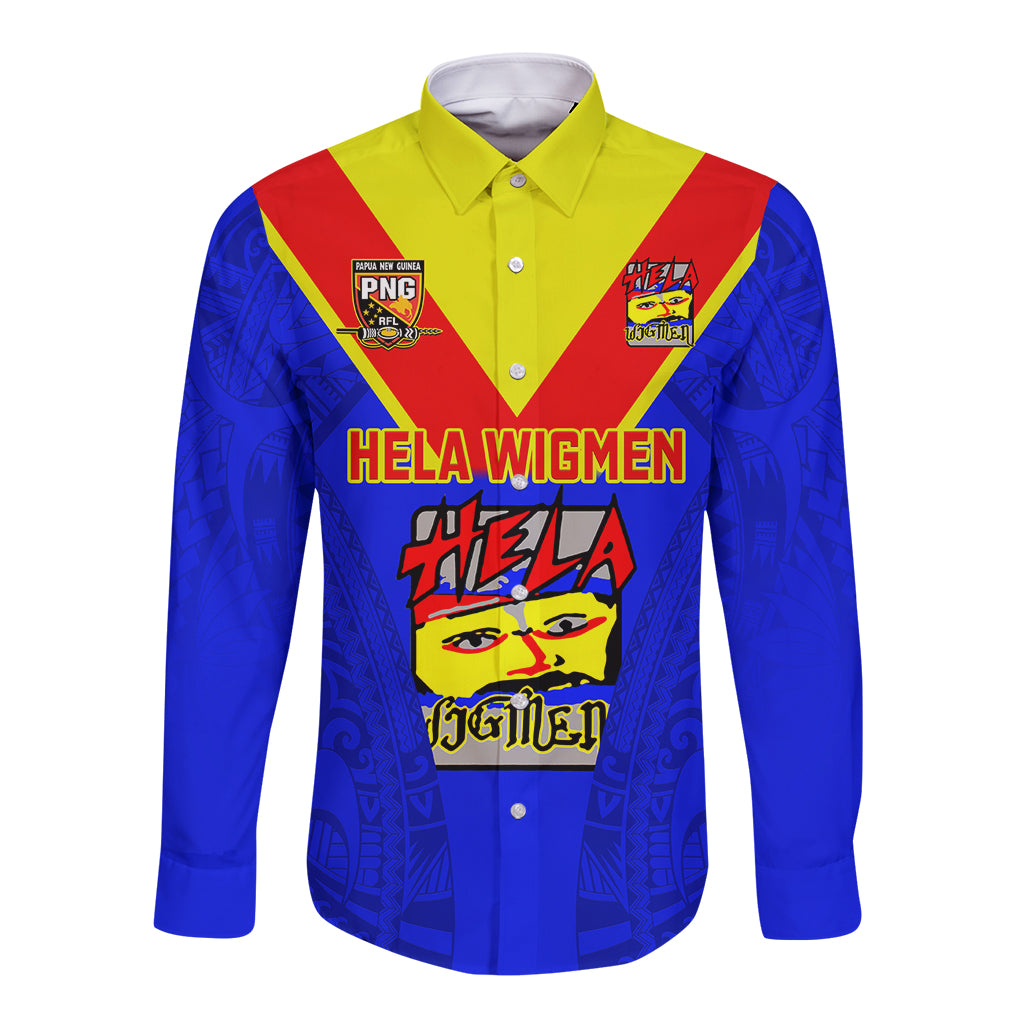 Custom Papua New Guinea Rugby Long Sleeve Button Shirt Hela Wigmen PNG Polynesian Pattern LT14 Unisex Blue - Polynesian Pride