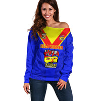 Custom Papua New Guinea Rugby Off Shoulder Sweater Hela Wigmen PNG Polynesian Pattern LT14 Women Blue - Polynesian Pride