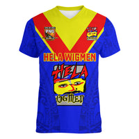 Custom Papua New Guinea Rugby Women V Neck T Shirt Hela Wigmen PNG Polynesian Pattern LT14 Female Blue - Polynesian Pride