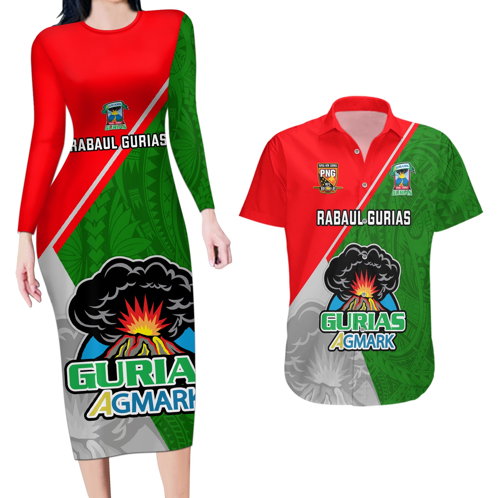 Papua New Guinea Rugby Couples Matching Long Sleeve Bodycon Dress and Hawaiian Shirt Rabaul Gurias PNG Polynesian Pattern LT14 Green - Polynesian Pride