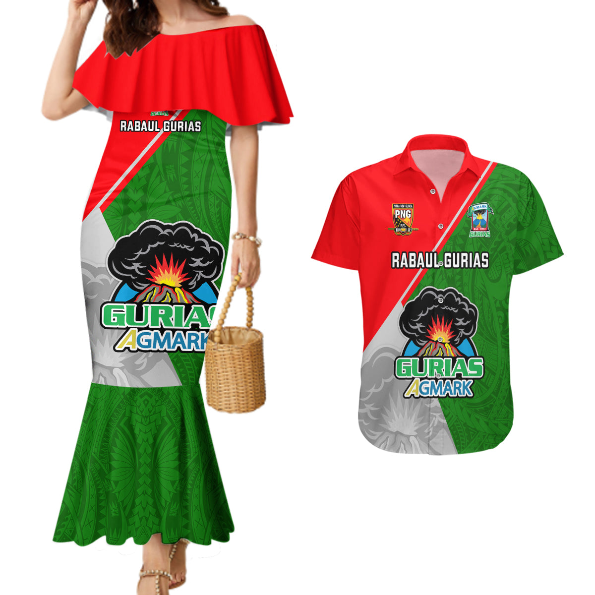 Papua New Guinea Rugby Couples Matching Mermaid Dress And Hawaiian Shirt Rabaul Gurias PNG Polynesian Pattern LT14 Green - Polynesian Pride