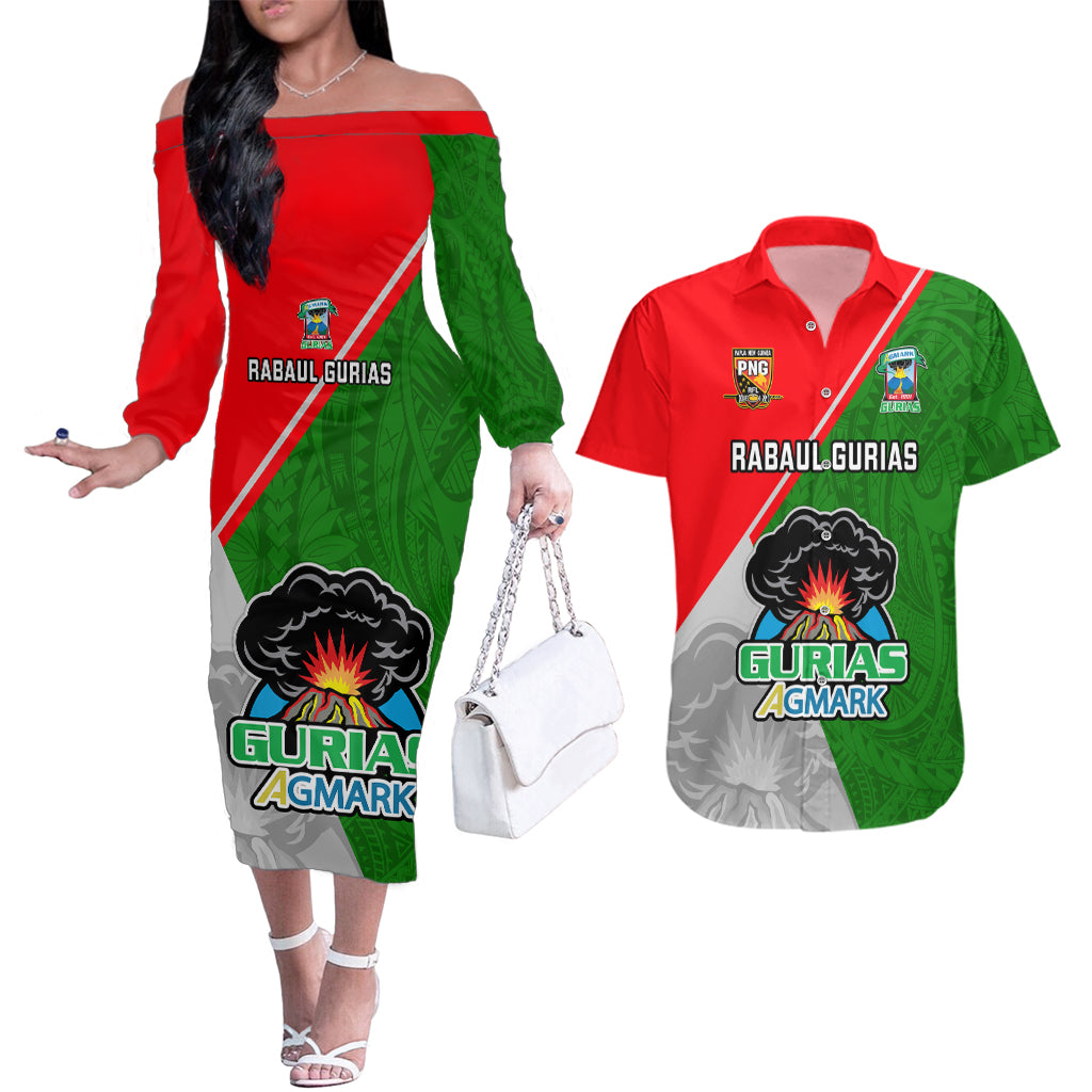 Custom Papua New Guinea Rugby Couples Matching Off The Shoulder Long Sleeve Dress and Hawaiian Shirt Rabaul Gurias PNG Polynesian Pattern LT14 Green - Polynesian Pride