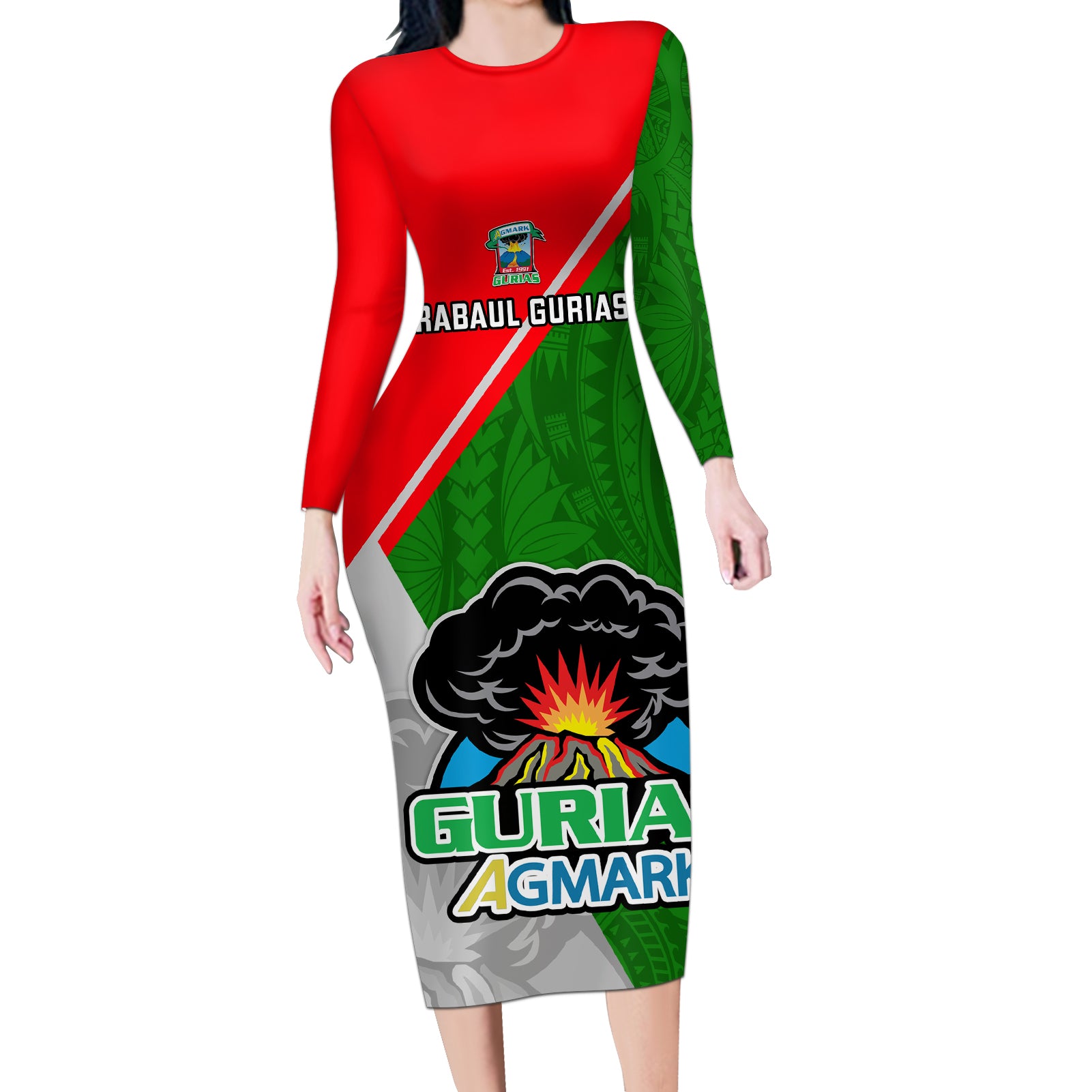 Custom Papua New Guinea Rugby Long Sleeve Bodycon Dress Rabaul Gurias PNG Polynesian Pattern LT14 Long Dress Green - Polynesian Pride