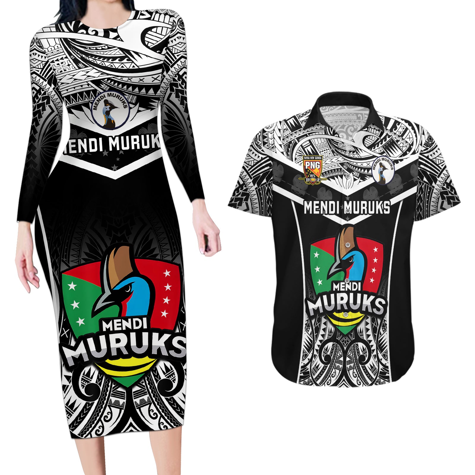 Custom Papua New Guinea Rugby Couples Matching Long Sleeve Bodycon Dress and Hawaiian Shirt Mendi Muruks PNG Polynesian Pattern LT14 Black - Polynesian Pride