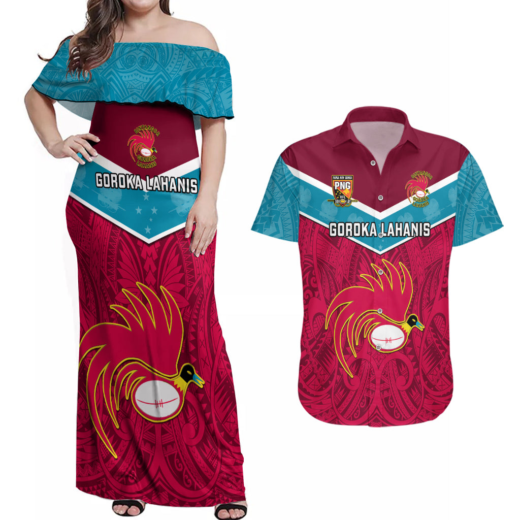 Papua New Guinea Rugby Couples Matching Off Shoulder Maxi Dress and Hawaiian Shirt Goroka Lahanis PNG Polynesian Pattern LT14 Red - Polynesian Pride