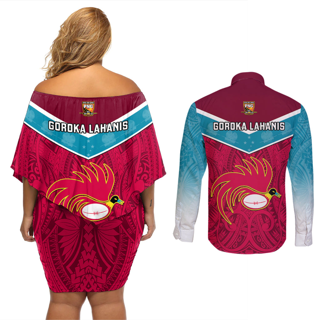 Papua New Guinea Rugby Couples Matching Off Shoulder Short Dress and Long Sleeve Button Shirts Goroka Lahanis PNG Polynesian Pattern LT14 - Polynesian Pride