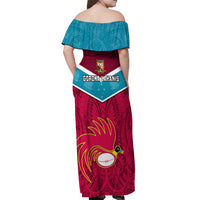 Papua New Guinea Rugby Off Shoulder Maxi Dress Goroka Lahanis PNG Polynesian Pattern LT14 - Polynesian Pride