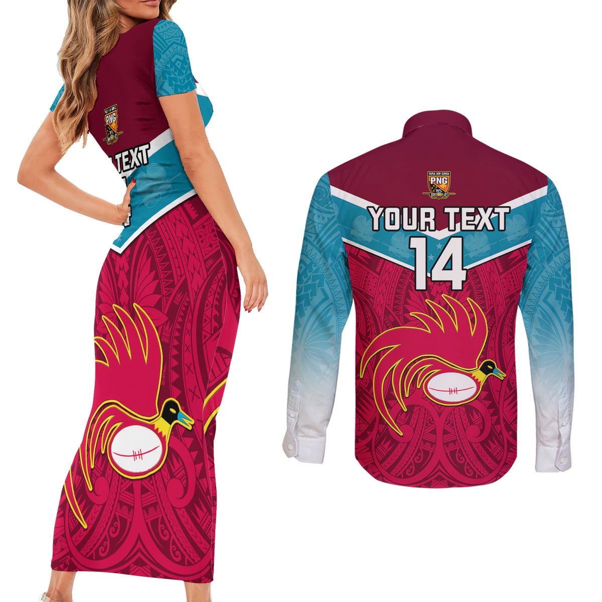 Custom Papua New Guinea Rugby Couples Matching Short Sleeve Bodycon Dress and Long Sleeve Button Shirts Goroka Lahanis PNG Polynesian Pattern LT14 - Polynesian Pride