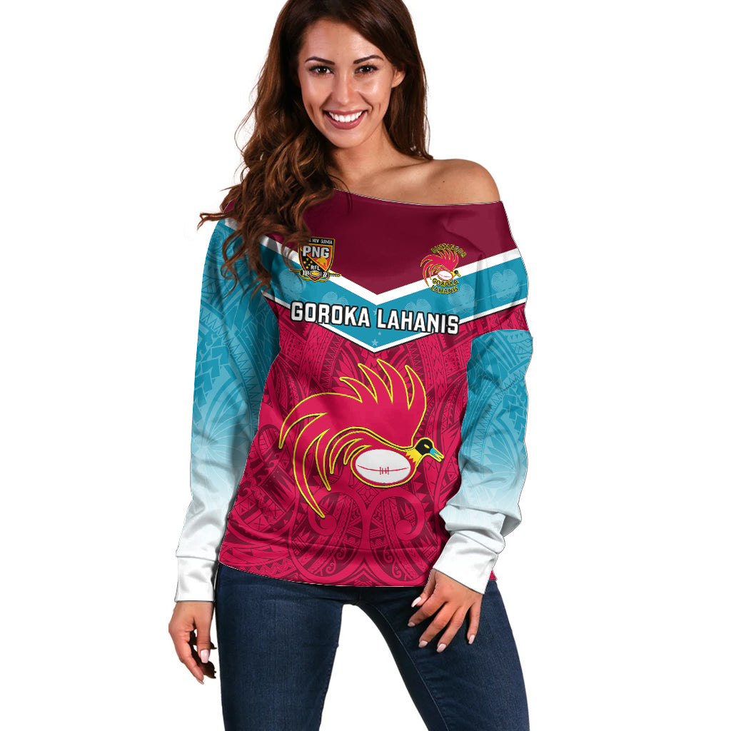 Custom Papua New Guinea Rugby Off Shoulder Sweater Goroka Lahanis PNG Polynesian Pattern LT14 Women Red - Polynesian Pride