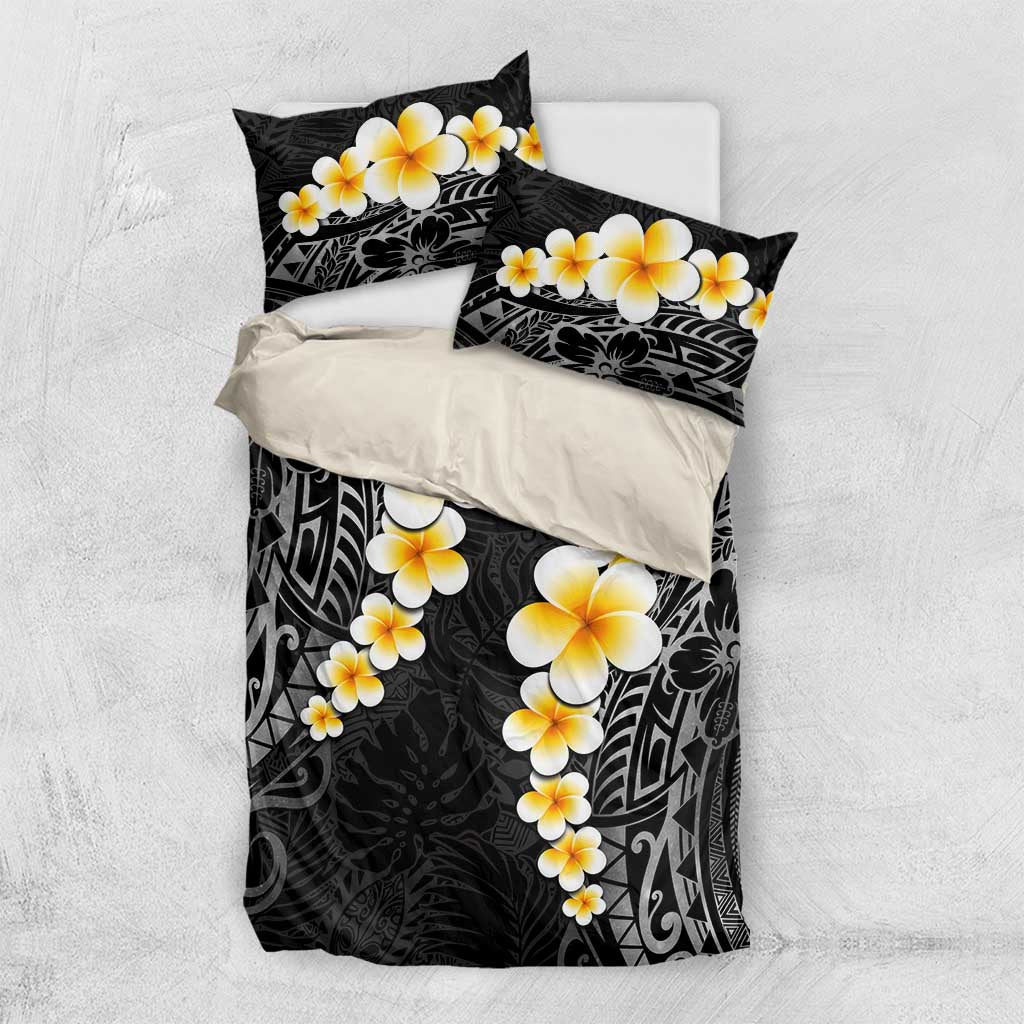 Black Tropical Plumeria With Galaxy Polynesian Art Bedding Set