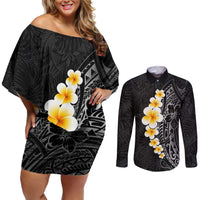 Black Tropical Plumeria With Galaxy Polynesian Art Couples Matching Off Shoulder Short Dress and Long Sleeve Button Shirt LT14 Black - Polynesian Pride