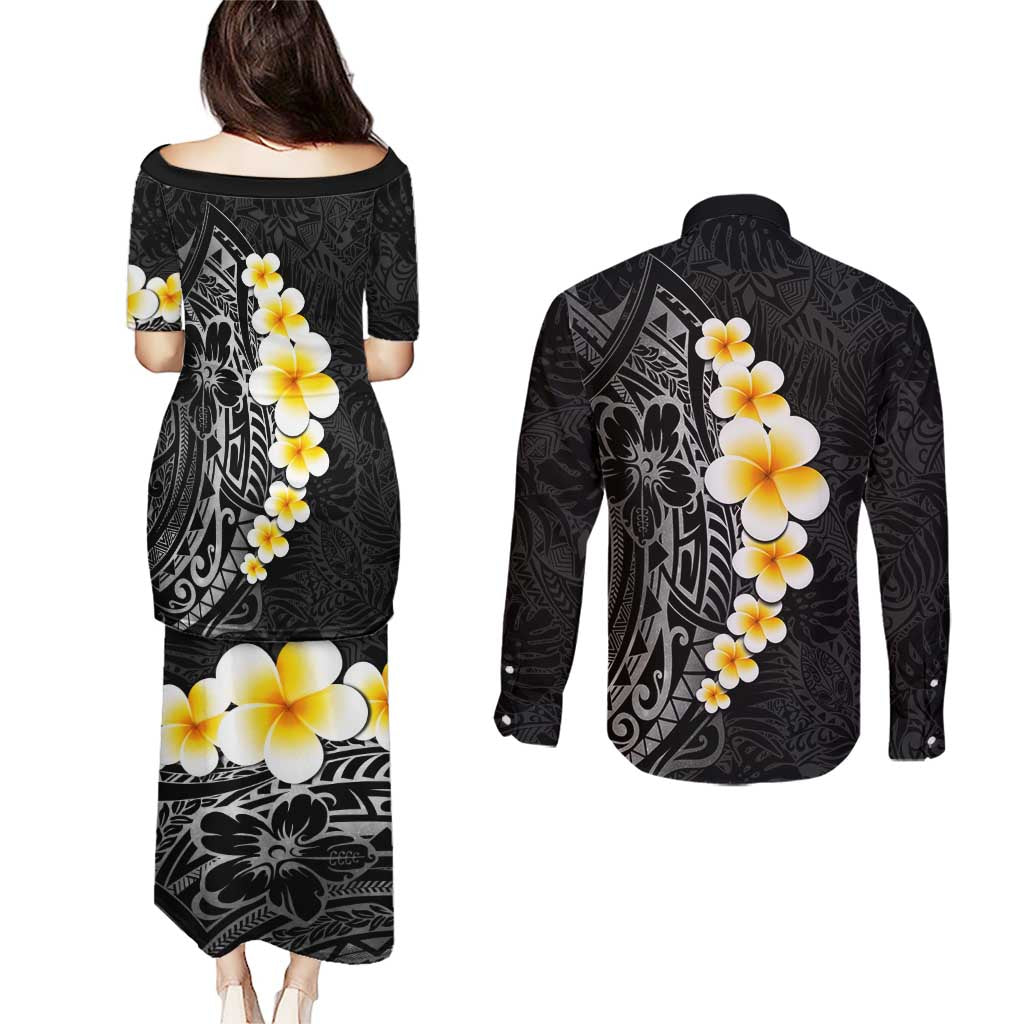 Black Tropical Plumeria With Galaxy Polynesian Art Couples Matching Puletasi and Long Sleeve Button Shirt