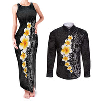 Black Tropical Plumeria With Galaxy Polynesian Art Couples Matching Tank Maxi Dress and Long Sleeve Button Shirt LT14 Black - Polynesian Pride