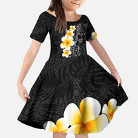 Black Tropical Plumeria With Galaxy Polynesian Art Family Matching Long Sleeve Bodycon Dress and Hawaiian Shirt LT14 Daughter's Dress Black - Polynesian Pride