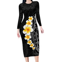 Black Tropical Plumeria With Galaxy Polynesian Art Family Matching Long Sleeve Bodycon Dress and Hawaiian Shirt LT14 Mom's Dress Black - Polynesian Pride