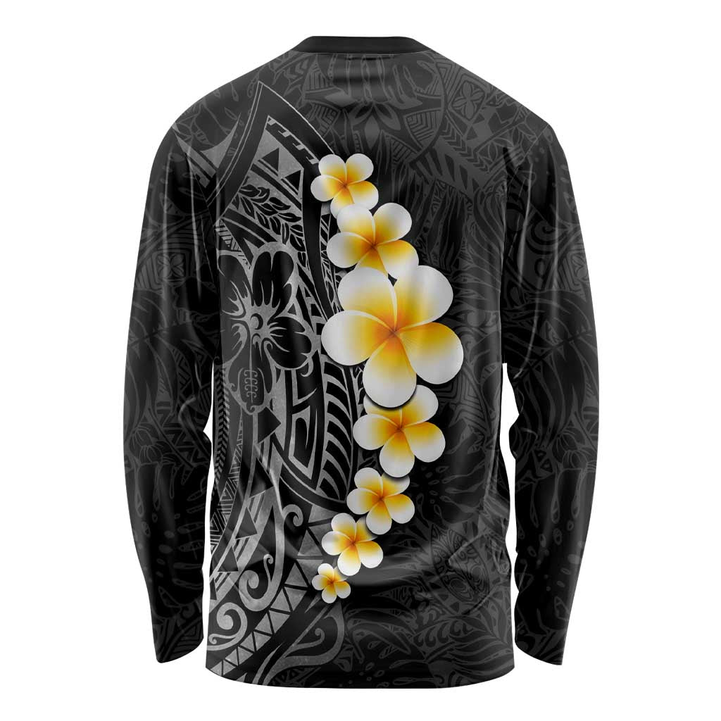 Black Tropical Plumeria With Galaxy Polynesian Art Long Sleeve Shirt