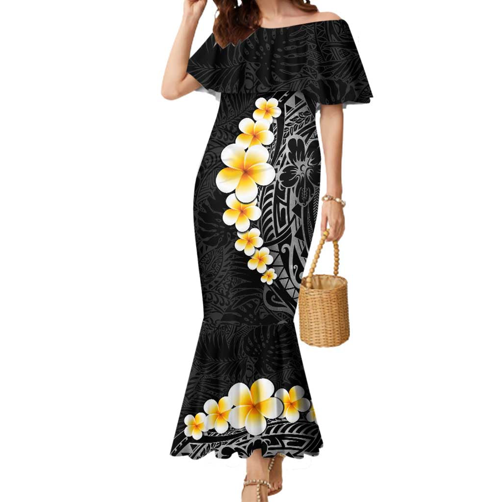 Black Tropical Plumeria With Galaxy Polynesian Art Mermaid Dress