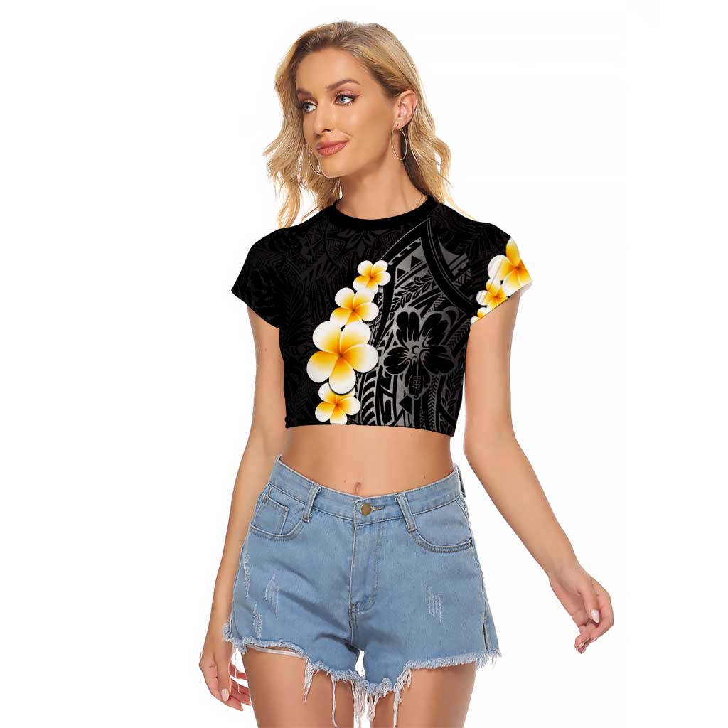 Black Tropical Plumeria With Galaxy Polynesian Art Raglan Cropped T Shirt LT14 Female Black - Polynesian Pride