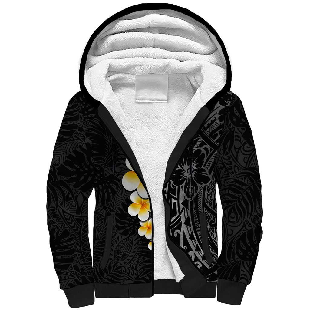 Black Tropical Plumeria With Galaxy Polynesian Art Sherpa Hoodie