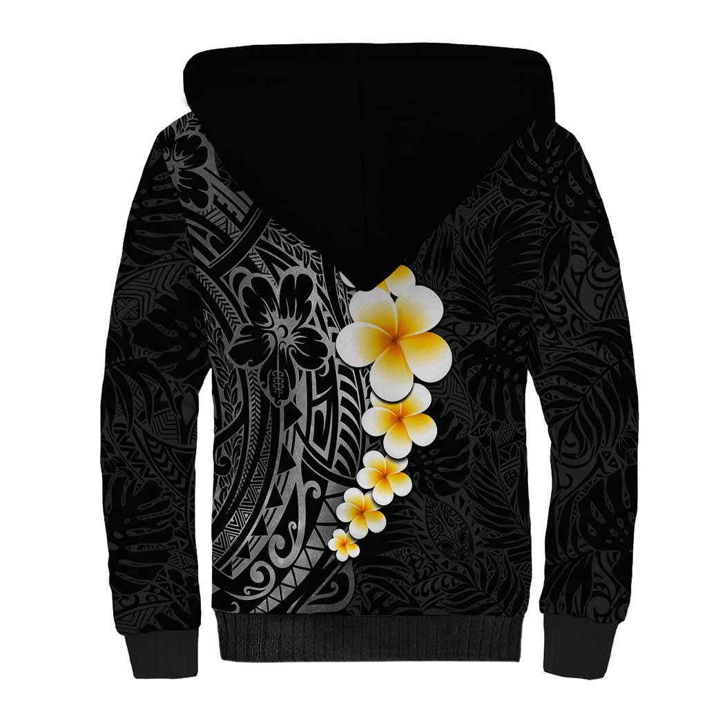 Black Tropical Plumeria With Galaxy Polynesian Art Sherpa Hoodie