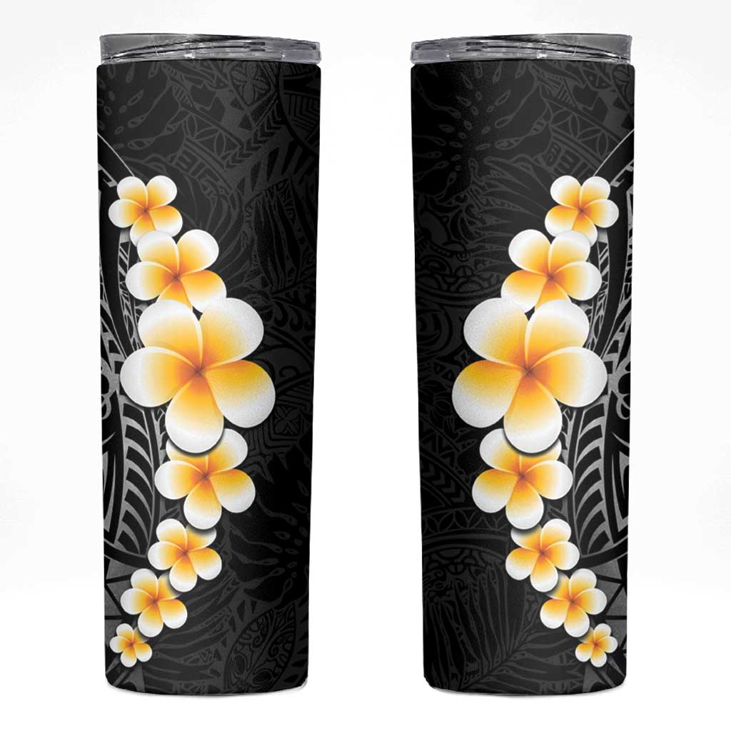 Black Tropical Plumeria With Galaxy Polynesian Art Skinny Tumbler