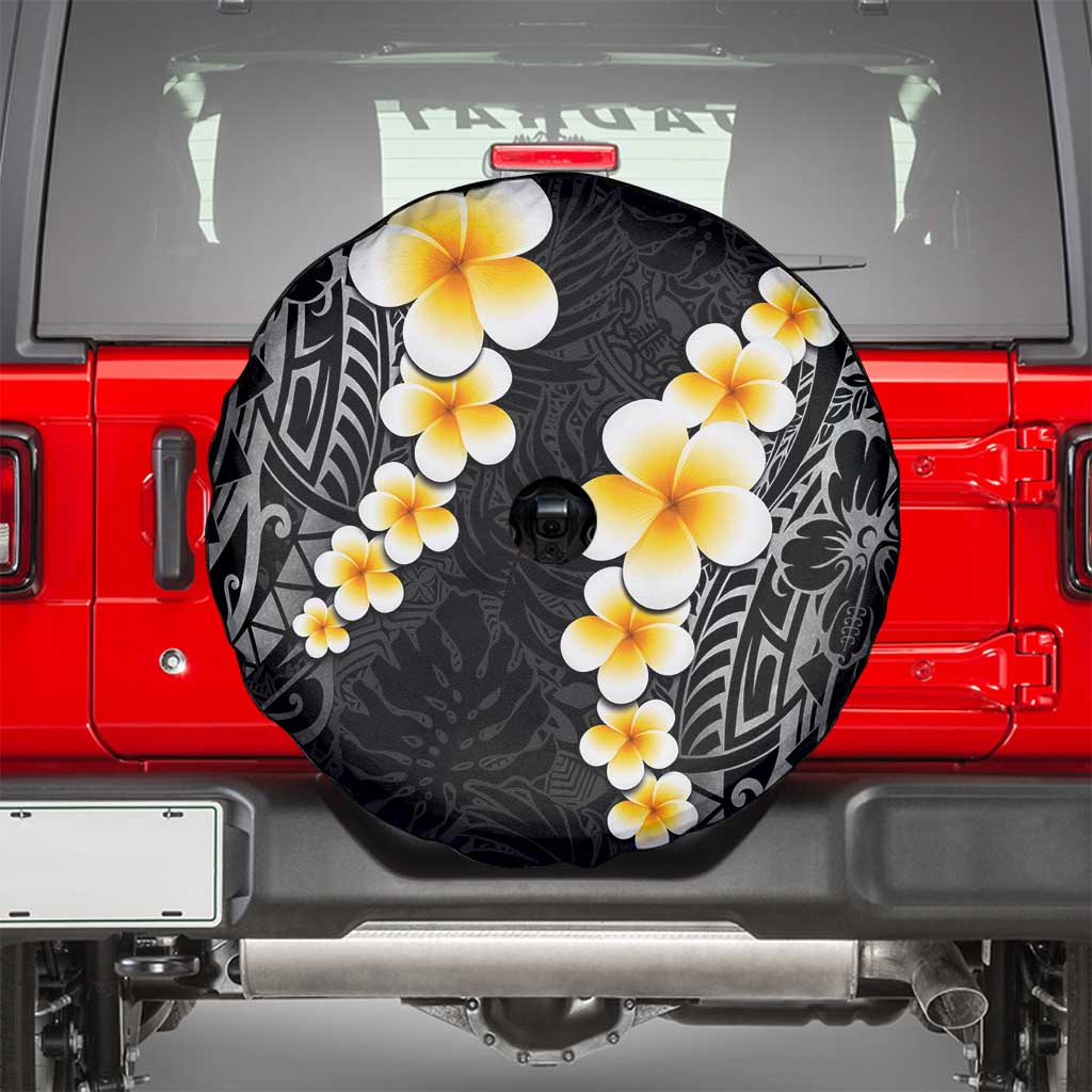 Black Tropical Plumeria With Galaxy Polynesian Art Spare Tire Cover