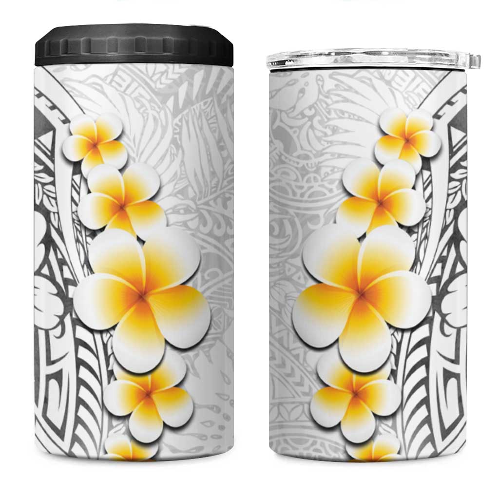 White Tropical Plumeria With Galaxy Polynesian Art 4 in 1 Can Cooler Tumbler