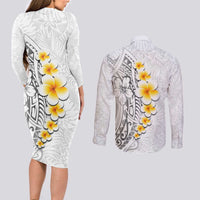 White Tropical Plumeria With Galaxy Polynesian Art Couples Matching Long Sleeve Bodycon Dress and Long Sleeve Button Shirt LT14 - Polynesian Pride