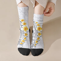 White Tropical Plumeria With Galaxy Polynesian Art Crew Socks LT14 Crew Socks White - Polynesian Pride