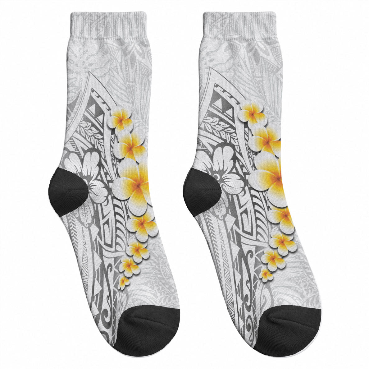 White Tropical Plumeria With Galaxy Polynesian Art Crew Socks LT14 - Polynesian Pride