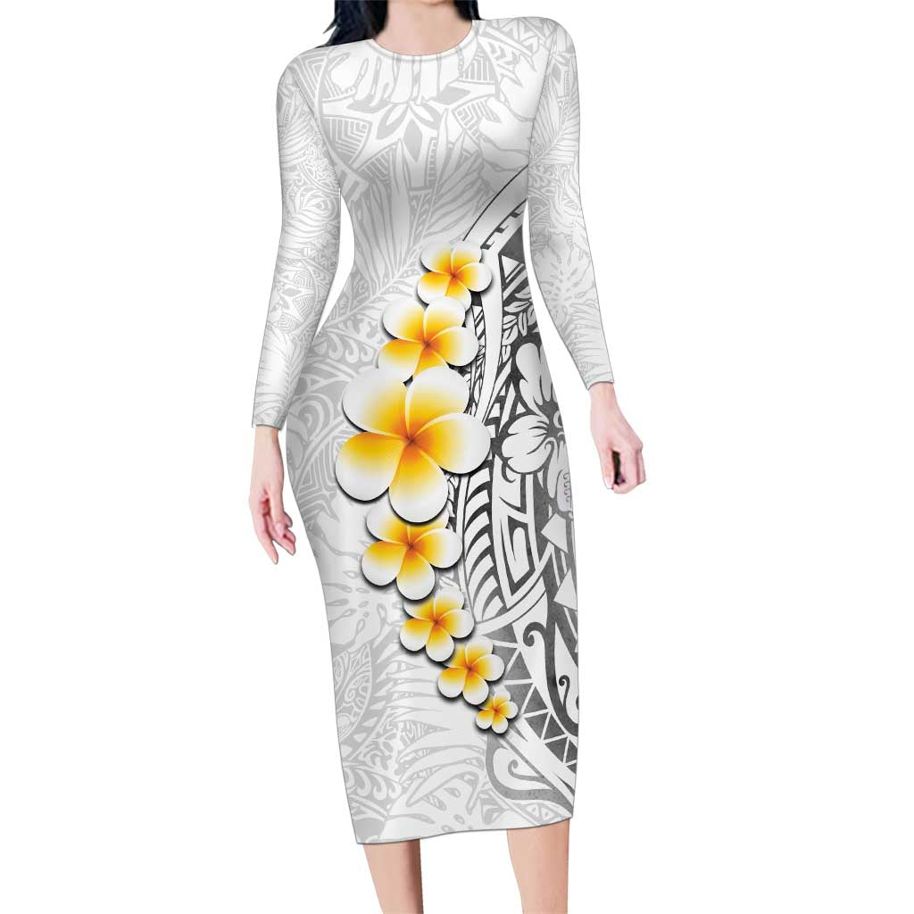 White Tropical Plumeria With Galaxy Polynesian Art Family Matching Long Sleeve Bodycon Dress and Hawaiian Shirt LT14 Mom's Dress White - Polynesian Pride