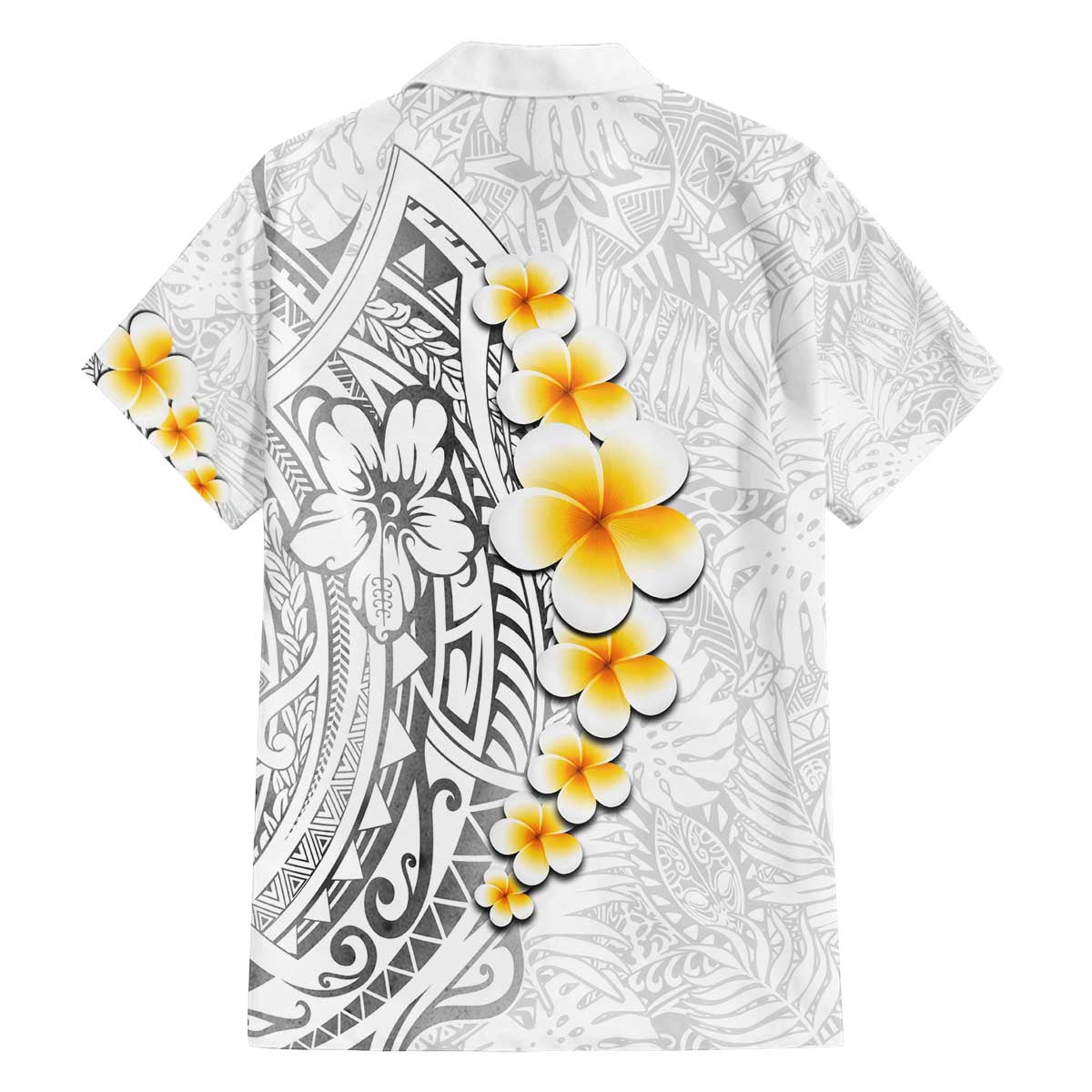 White Tropical Plumeria With Galaxy Polynesian Art Family Matching Off The Shoulder Long Sleeve Dress and Hawaiian Shirt