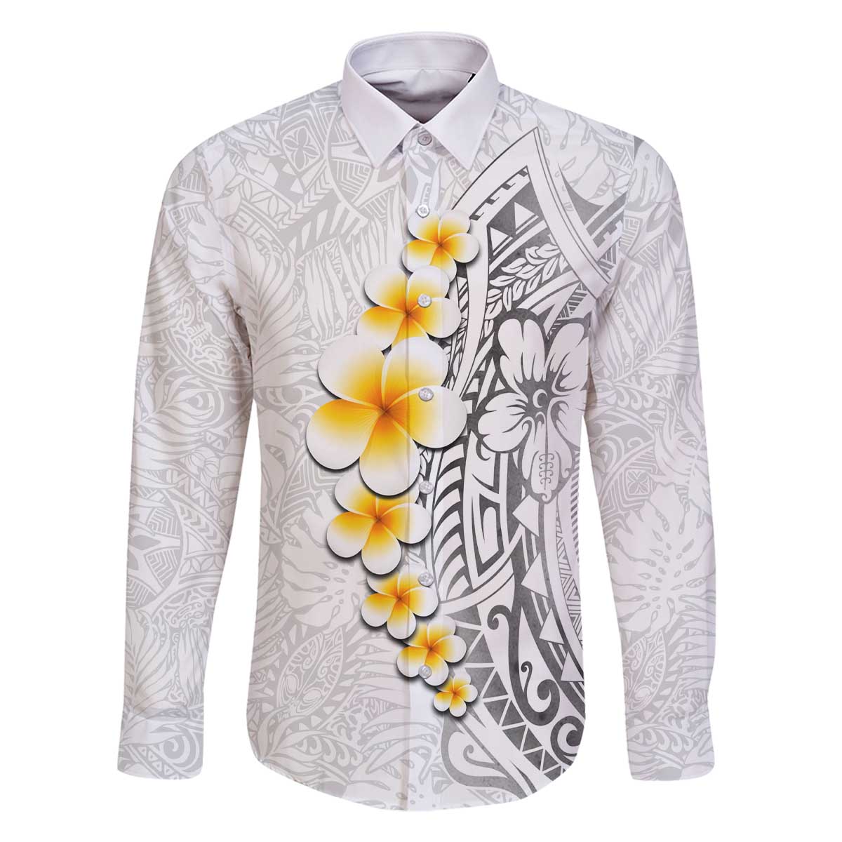 White Tropical Plumeria With Galaxy Polynesian Art Family Matching Off The Shoulder Long Sleeve Dress and Hawaiian Shirt