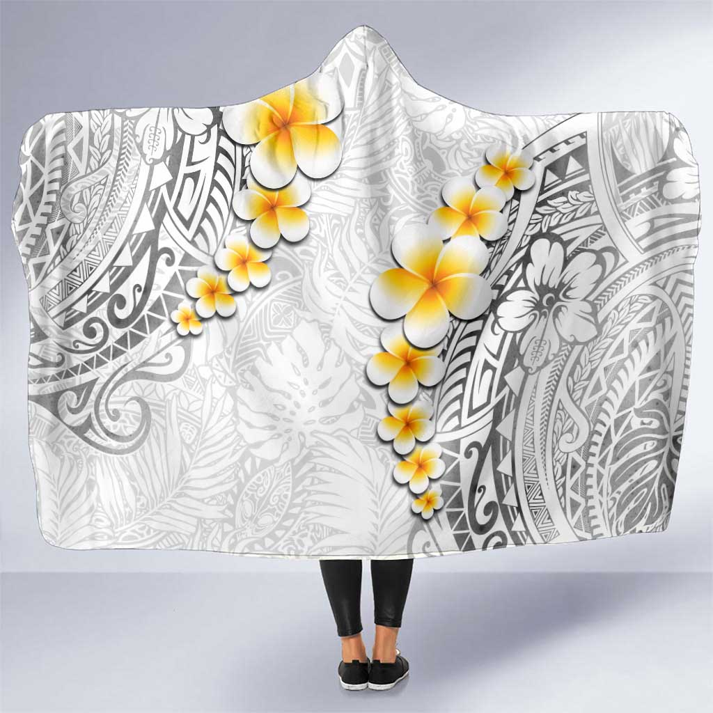 White Tropical Plumeria With Galaxy Polynesian Art Hooded Blanket