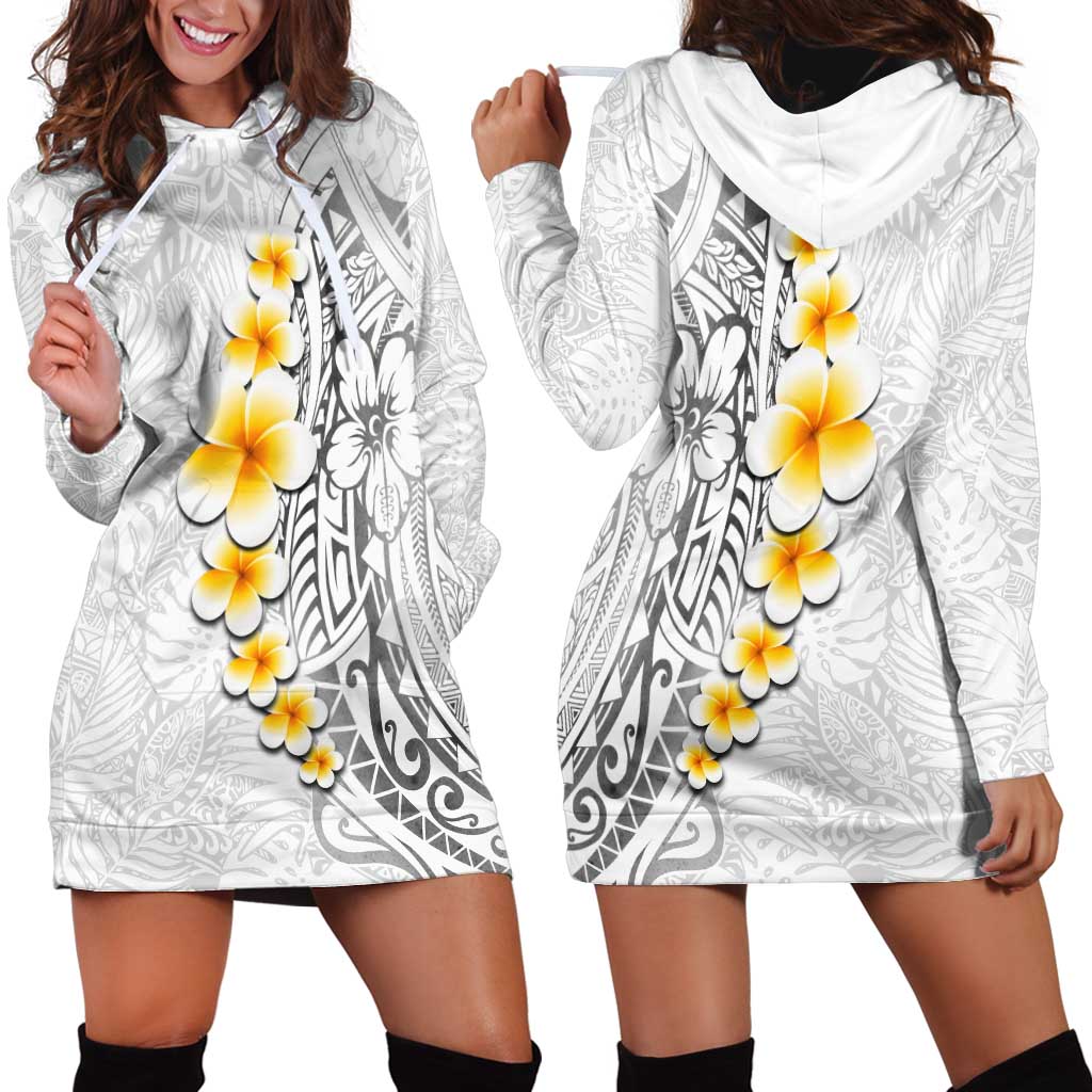 White Tropical Plumeria With Galaxy Polynesian Art Hoodie Dress