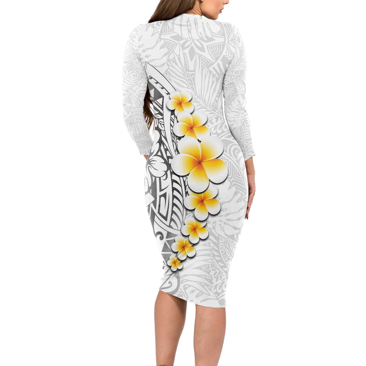 White Tropical Plumeria With Galaxy Polynesian Art Long Sleeve Bodycon Dress
