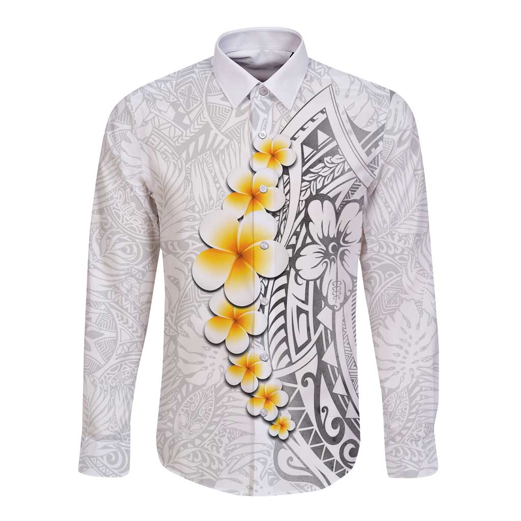 White Tropical Plumeria With Galaxy Polynesian Art Long Sleeve Button Shirt LT14 Unisex White - Polynesian Pride