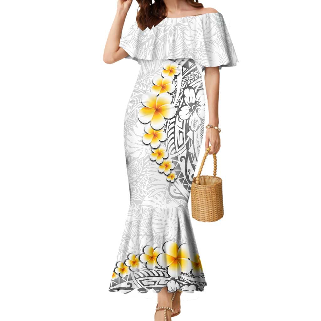 White Tropical Plumeria With Galaxy Polynesian Art Mermaid Dress