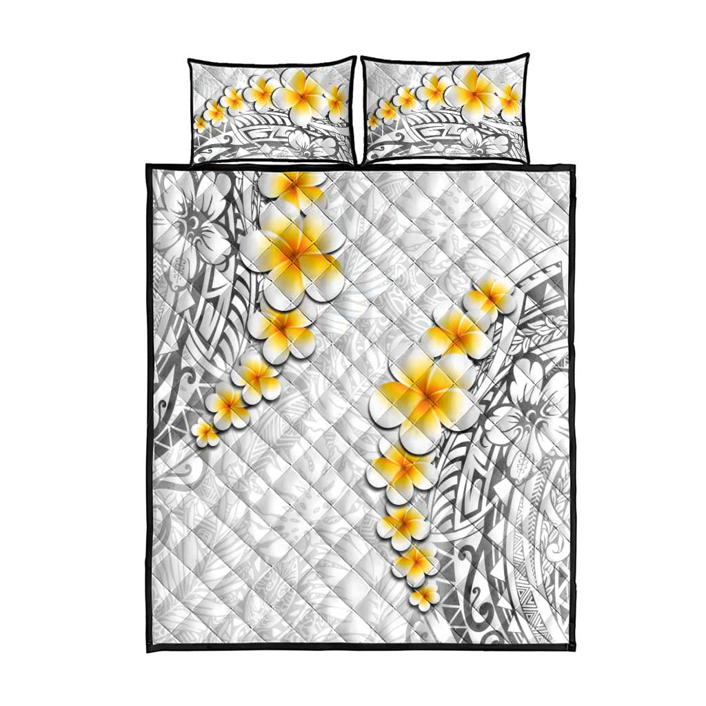 White Tropical Plumeria With Galaxy Polynesian Art Quilt Bed Set
