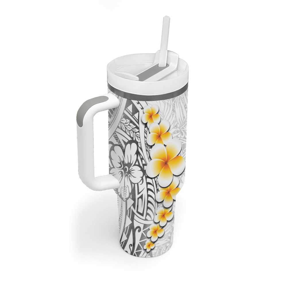 White Tropical Plumeria With Galaxy Polynesian Art Tumbler With Handle