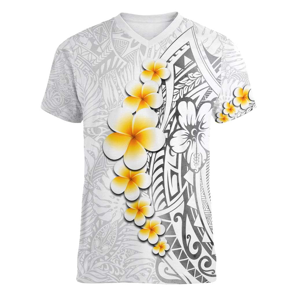 White Tropical Plumeria With Galaxy Polynesian Art Women V-Neck T-Shirt LT14 Female White - Polynesian Pride
