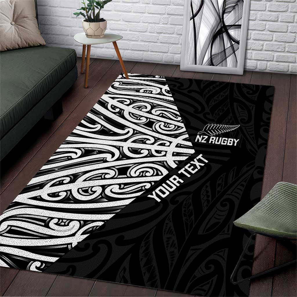 New Zealand Silver Fern Rugby Custom Area Rug Maori Koru Go Black Fern LT14 Black - Polynesian Pride