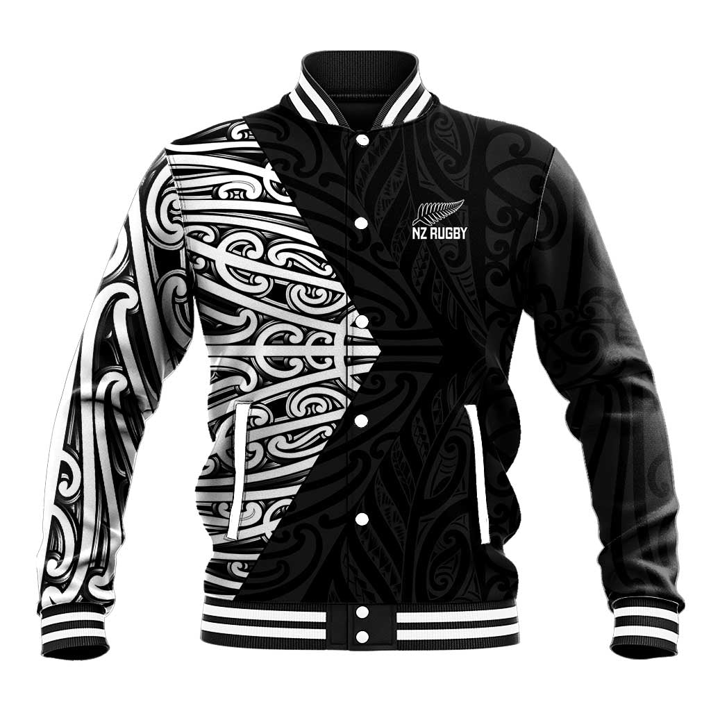 New Zealand Silver Fern Rugby Custom Baseball Jacket Maori Koru Go Black Fern - Polynesian Pride
