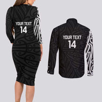 New Zealand Silver Fern Rugby Custom Couples Matching Long Sleeve Bodycon Dress and Long Sleeve Button Shirt Maori Koru Go Black Fern - Polynesian Pride