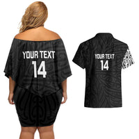 New Zealand Silver Fern Rugby Custom Couples Matching Off Shoulder Short Dress and Hawaiian Shirt Maori Koru Go Black Fern - Polynesian Pride