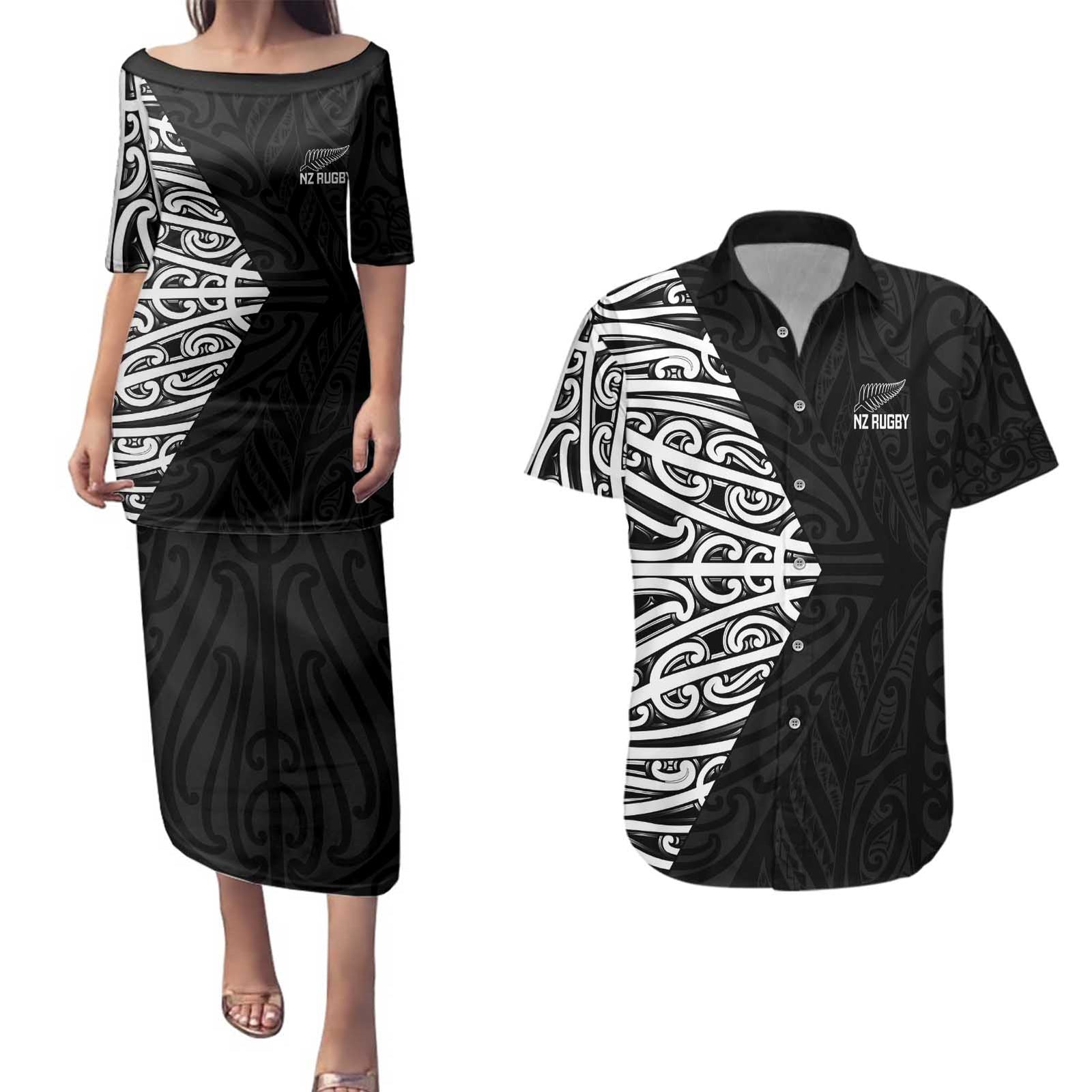 New Zealand Silver Fern Rugby Custom Couples Matching Puletasi and Hawaiian Shirt Maori Koru Go Black Fern - Polynesian Pride