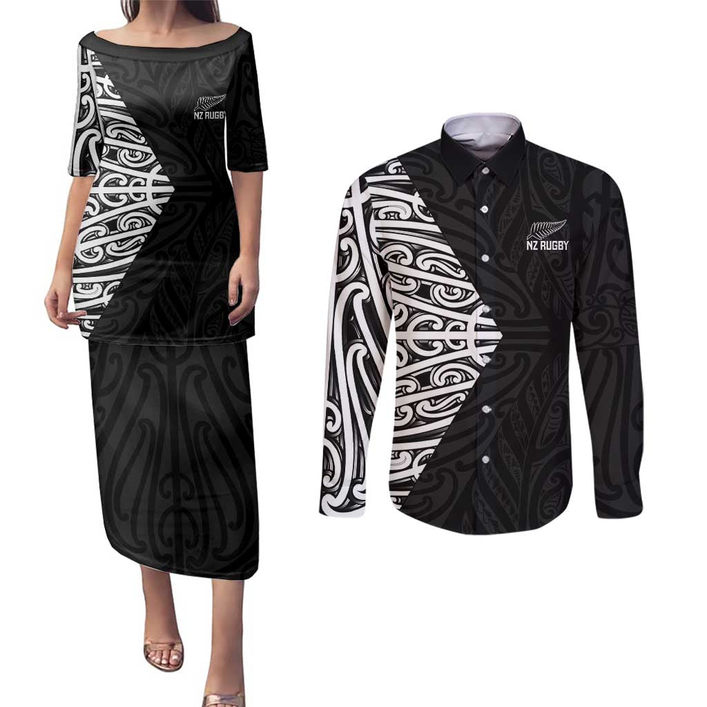 New Zealand Silver Fern Rugby Custom Couples Matching Puletasi and Long Sleeve Button Shirt Maori Koru Go Black Fern - Polynesian Pride