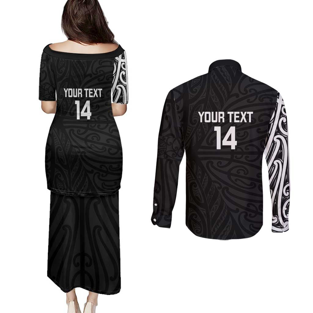 New Zealand Silver Fern Rugby Custom Couples Matching Puletasi and Long Sleeve Button Shirt Maori Koru Go Black Fern - Polynesian Pride