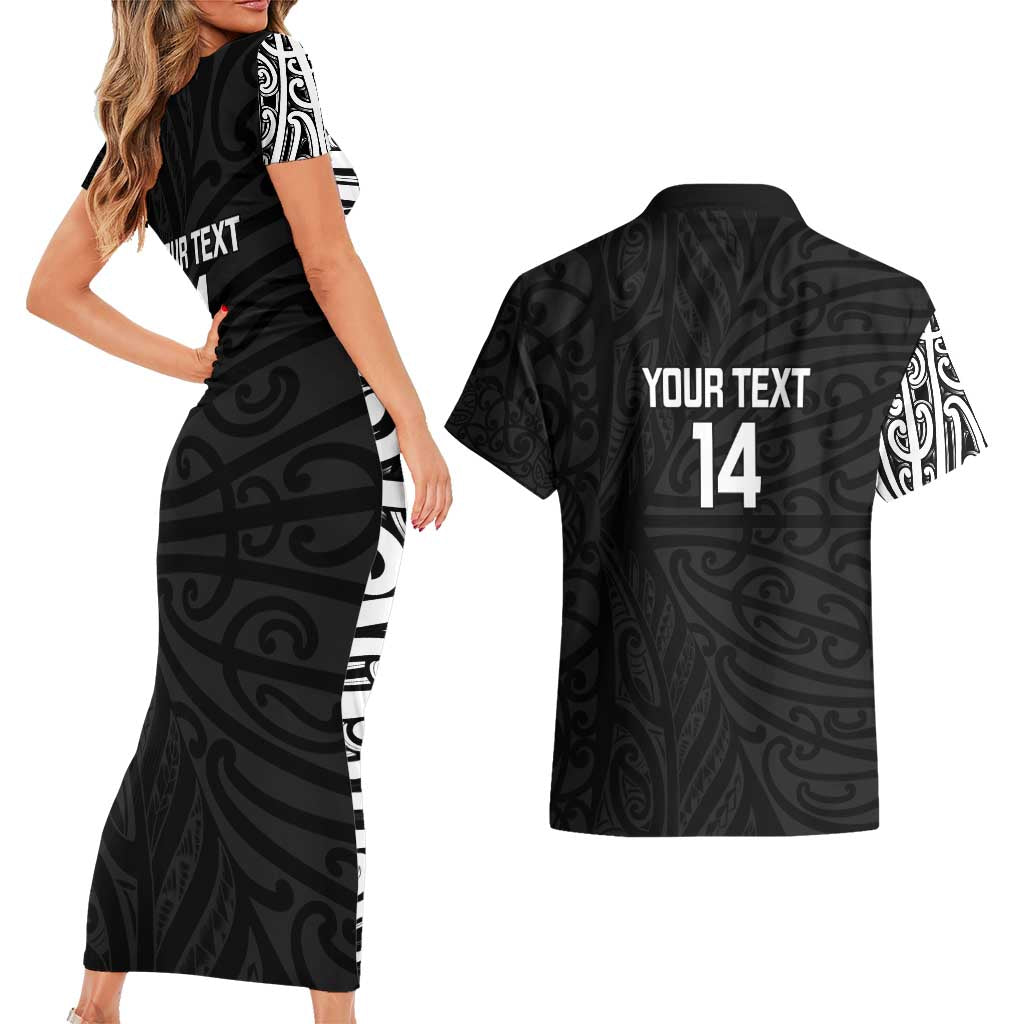 New Zealand Silver Fern Rugby Custom Couples Matching Short Sleeve Bodycon Dress and Hawaiian Shirt Maori Koru Go Black Fern - Polynesian Pride
